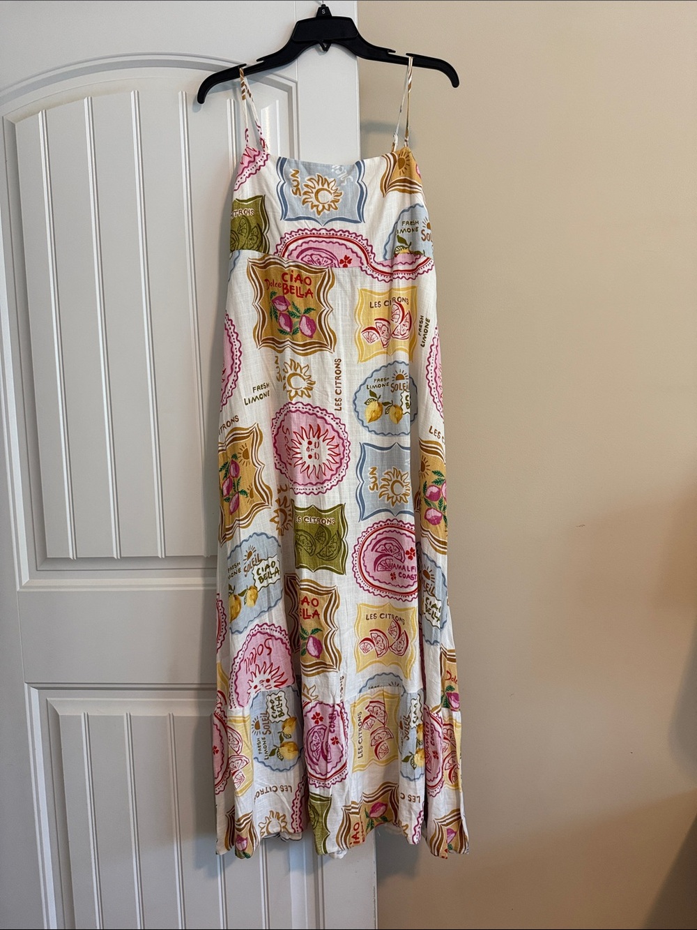Anthropologie White Sundress with Pink, Green, Yellow and Blue Medallion Print
